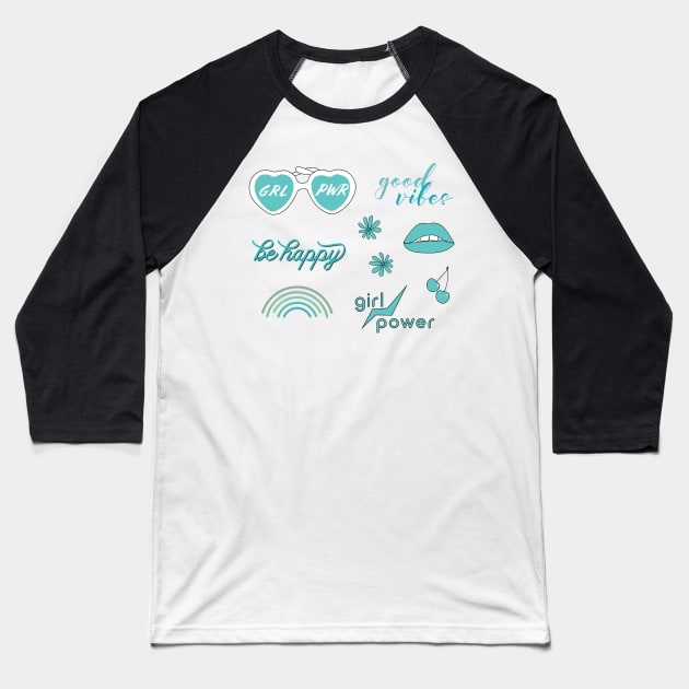 Super cute Teal Girl Power Sticker Pack Baseball T-Shirt by YourGoods